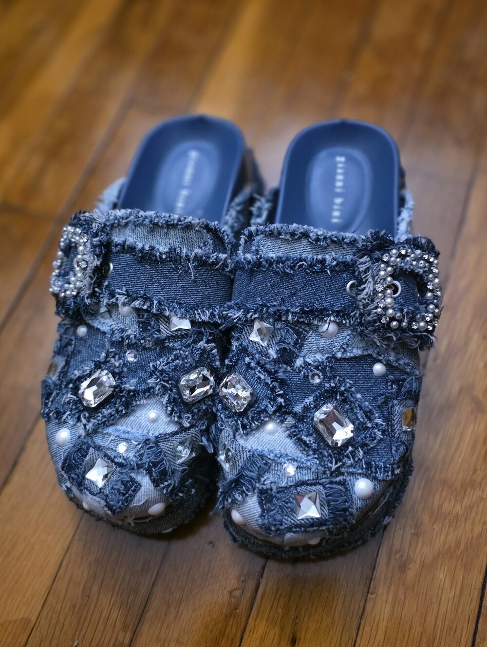 Giani Bini Embellished Denim Slide Clogs with Rhinestones and Pearls